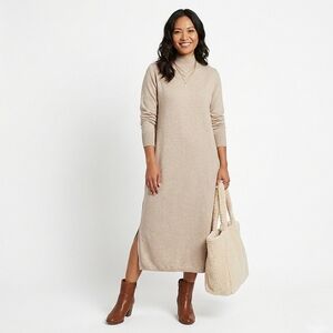 Mango Knit Sweater Dress Mock Turtleneck Long Sleeve Double Slits Oatmeal - sz 4